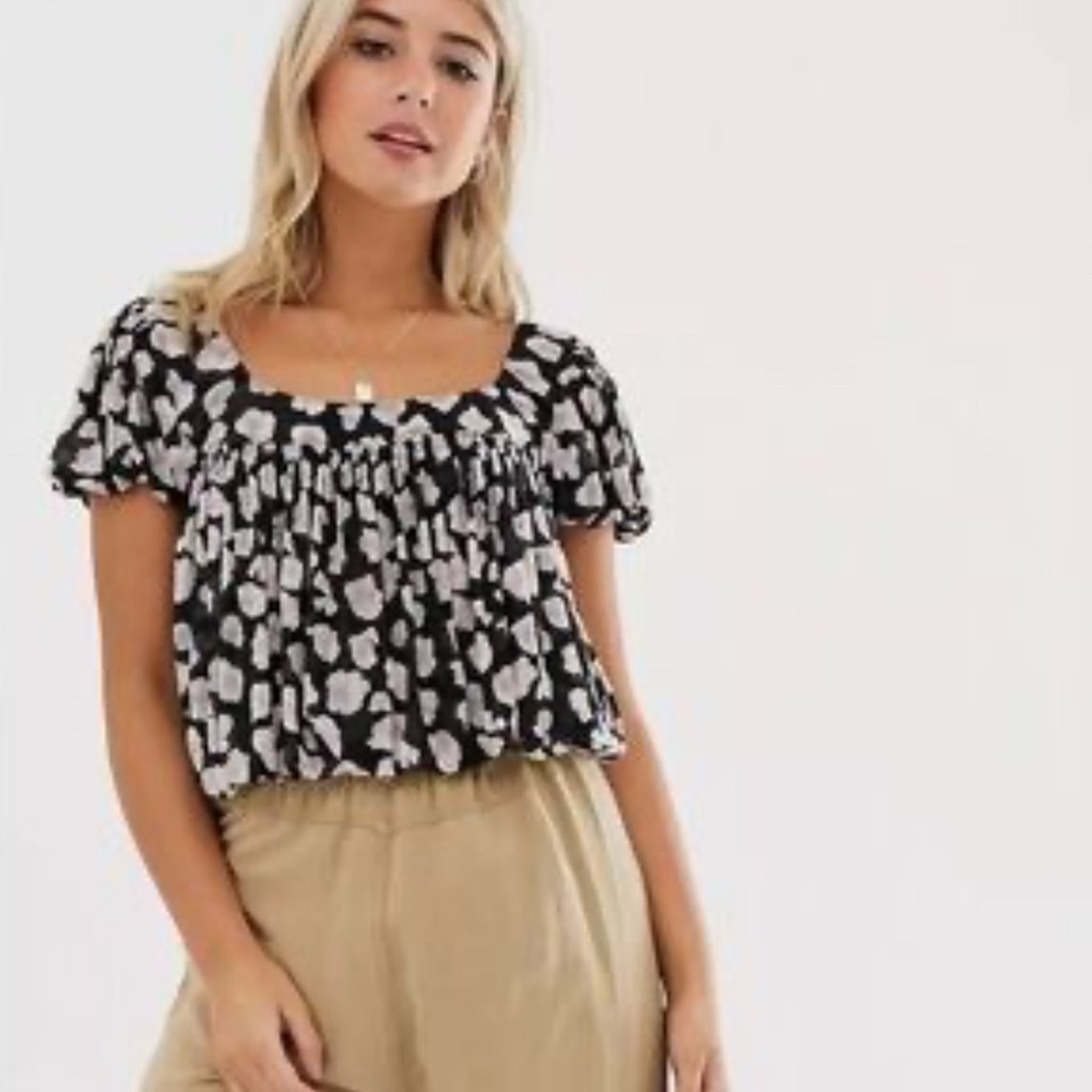 Free People Meg’s Leopard Black Pink Patterned Mesh Crop Summer Bubble Blouse XS